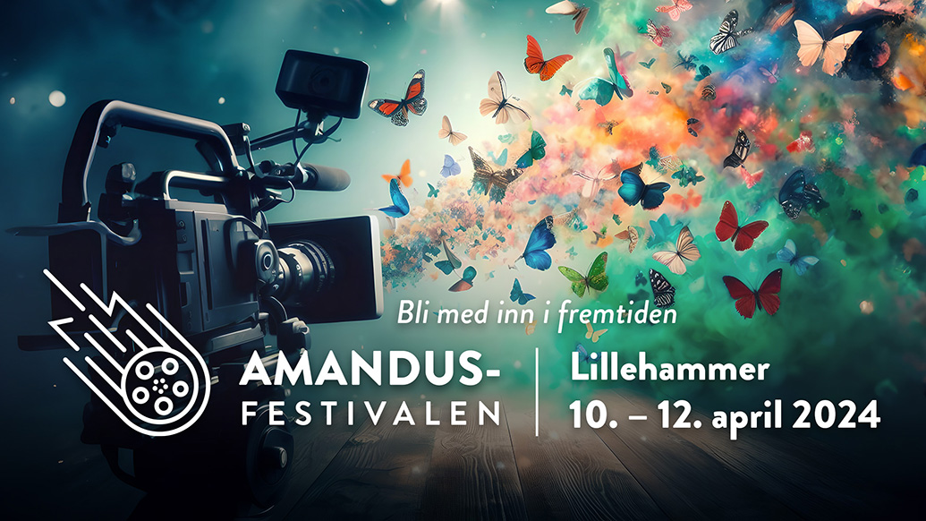 Amandusfestivalen banner 2024 med sommerfugler og kamera. Tekst AMandusfestivalen, bli med inn i fremtiden og datoen 10. - 12. april.