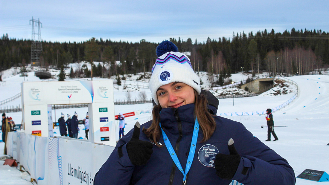 Volunteer international student on a snowy background