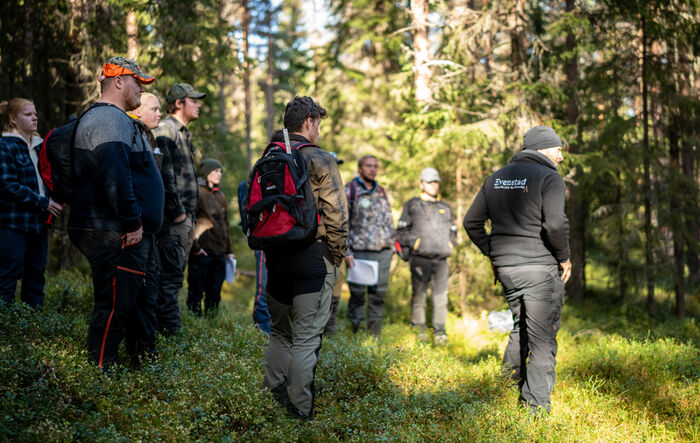 A group of students have a lecture in the forest