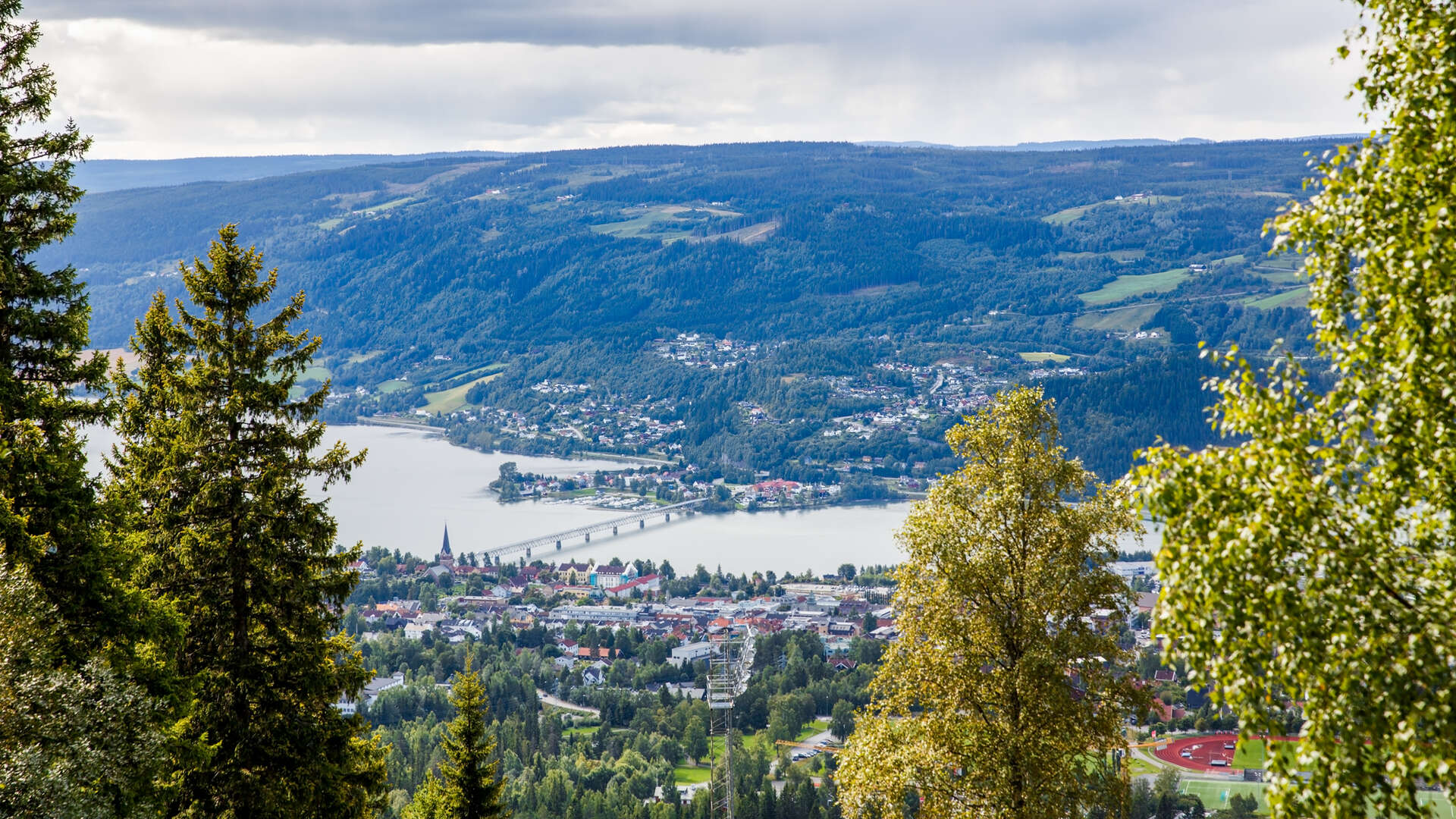 Oversiktsbilde over Lillehammer tatt gjennom noen trær