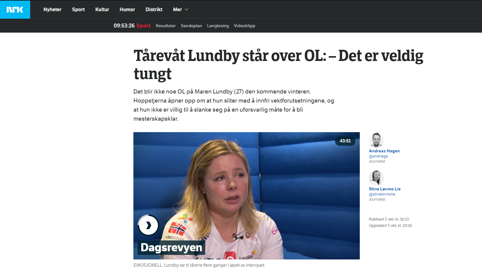 Skjermdumpbilde av en artikkel om Maren Lundby i NRK