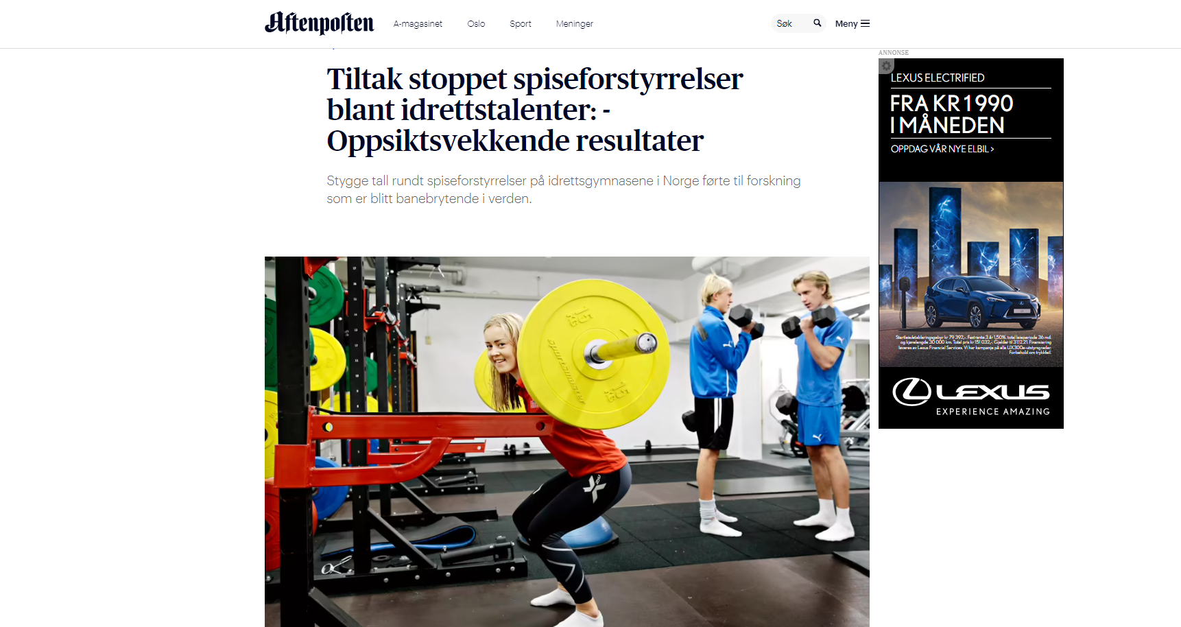 Skjermdump av en sak om spiseforstyrrelser i idretten i Aftenposten