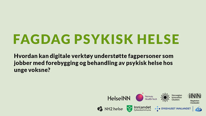 Banner fagdag psykisk helse 27. april 2023, grønt med tekst om fagdag