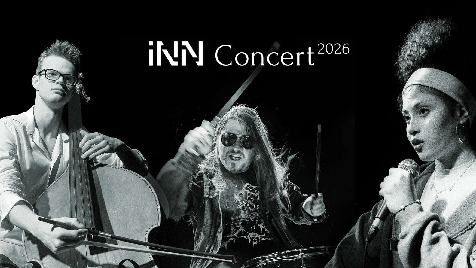 Banner INN Concert 2026 - musikere og tekstillustrasjon