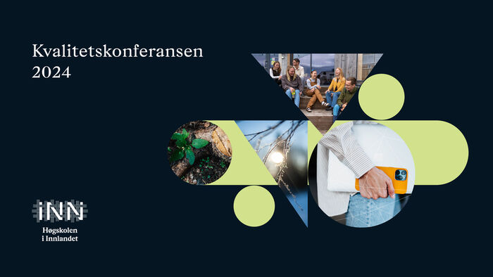 Promoplakat for Kvalitetskonferansen 2024, med små bilder av skogbunn og frossen natur, en hånd som holder pc og mobil, og studenter som smiler og ler.