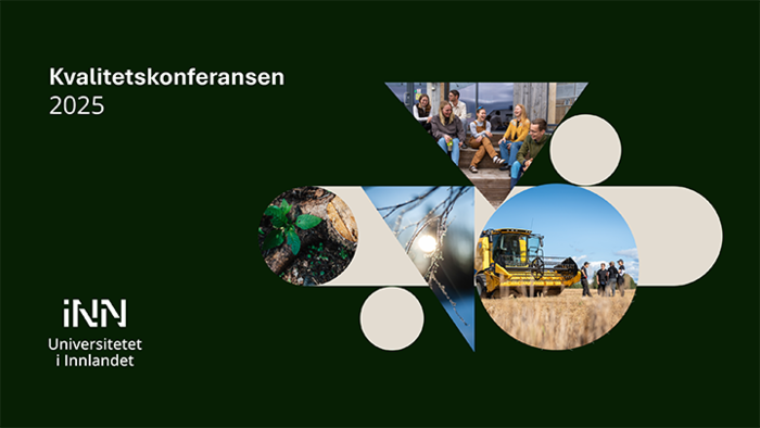 Promoplakat for Kvalitetskonferansen 2025, med små bilder av skogbunn og frossen natur, en jordbruksmaskin, og studenter som smiler og ler.