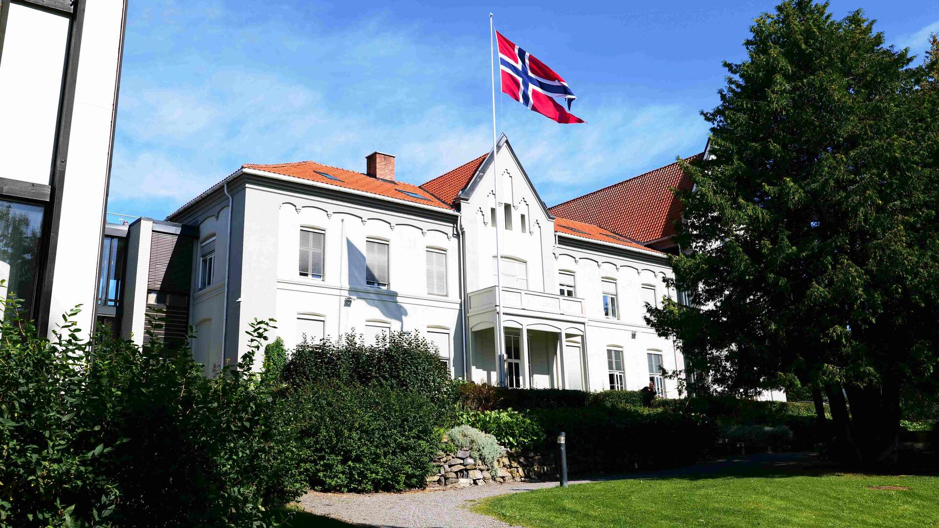 Det norske flagget vaier i vinden på en flaggstang utenfor studiested Hamar en sommerdag.
