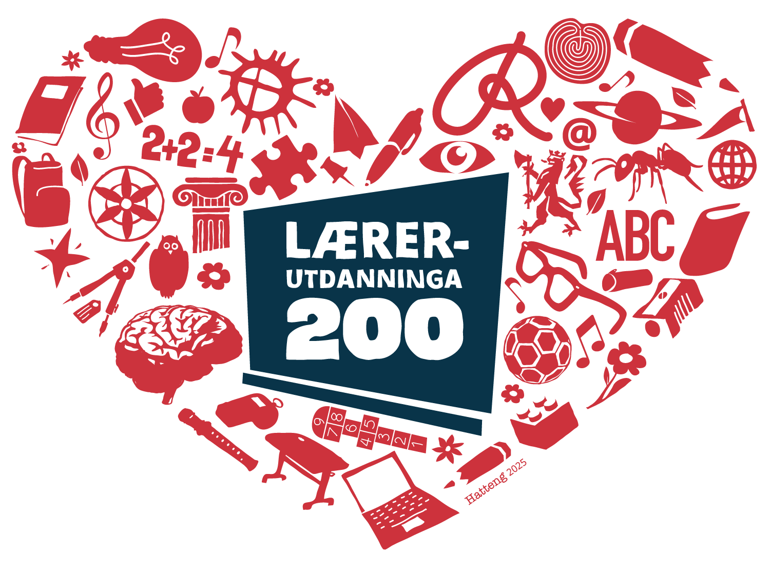 Illustrasjon med en mørk blå tavle i midten med teksten «LÆRER-UTDANNINGA 200». Rundt tavlen er en rød krans av skole- og læringsrelaterte symboler, blant annet bøker, noter, regnestykke, globus, mikroskop, hjerne, datamaskin, idrettsutstyr, kunstutstyr og bokstavene «ABC». Nederst står «Ei åtferd 2025» i liten rød tekst.
