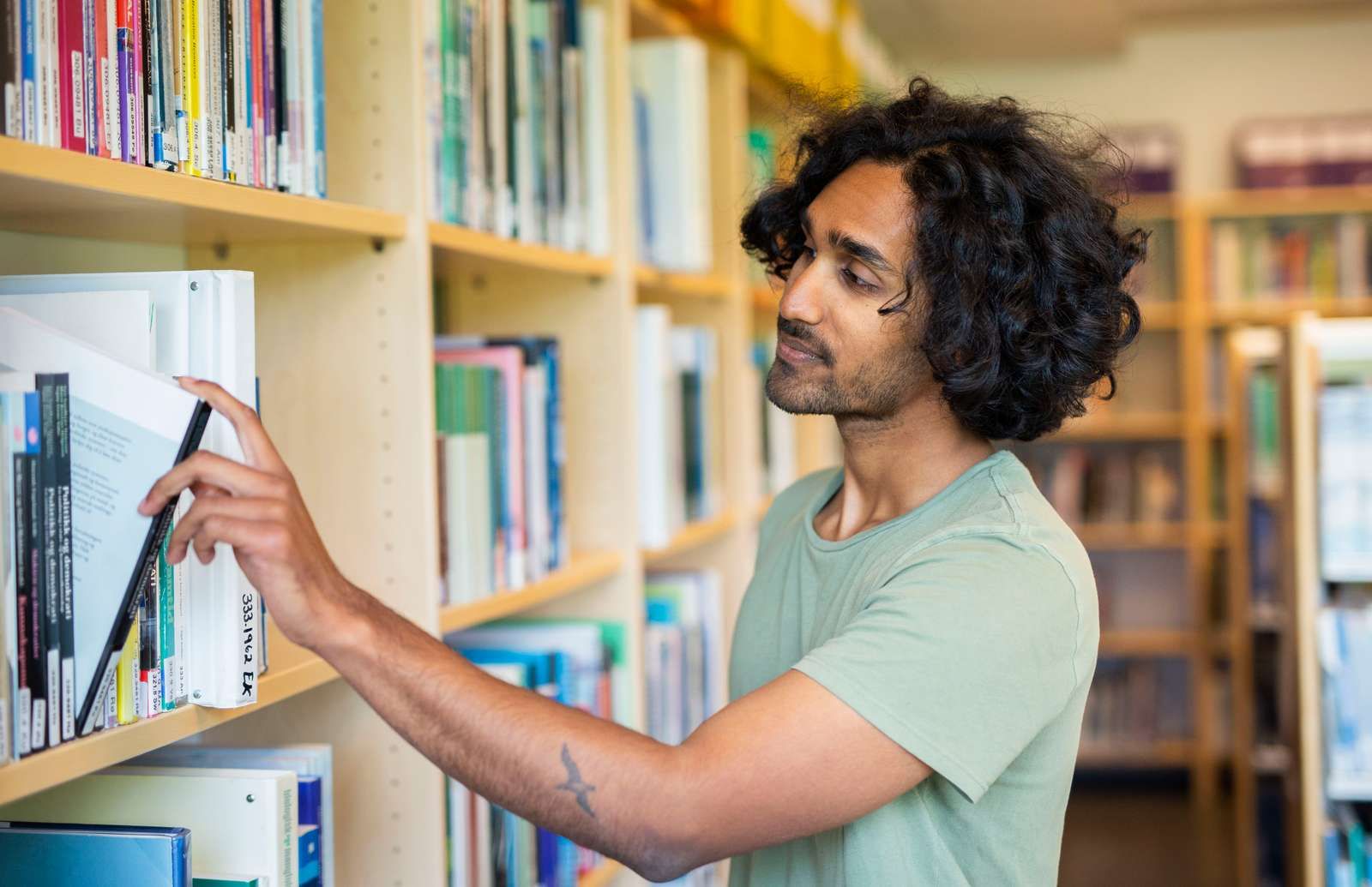 Bilde av en student som leter etter bøker på biblioteket