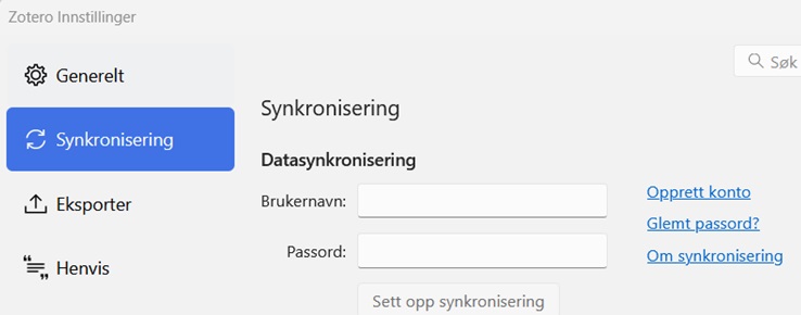 Skjermbilde som viser Zotero og oppsettet for synkronisering.