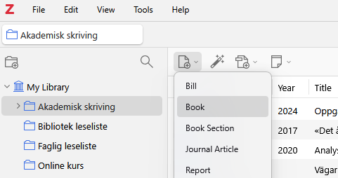 Zotero verktøylinje og bok