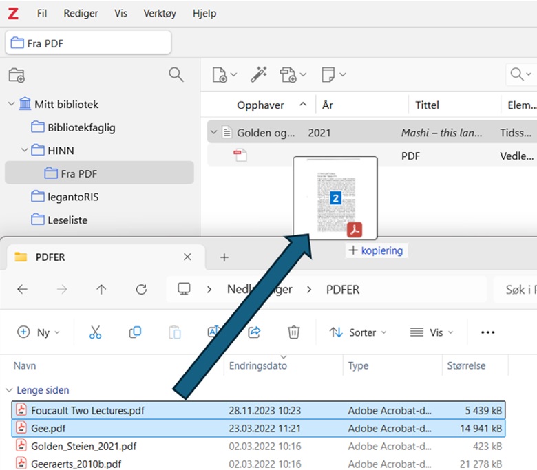 Skjermdump som viser hvordan du kan trekke pdf-filer inn i Zotero