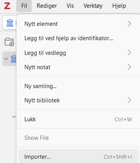 Skjermbilde som viser hvordan importere filer i Zotero