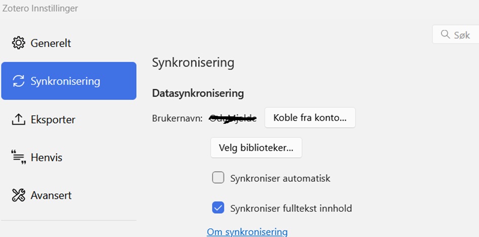 Skjermbilde som viser hvordan du under instillinger ser at synkroniseringen er deaktivert i Zotero.