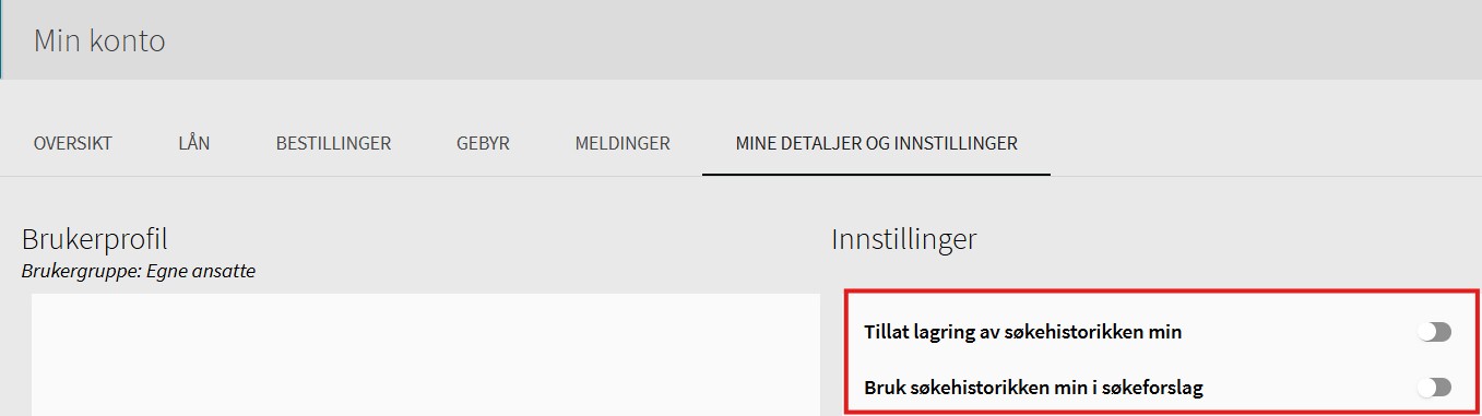 Skjermdump som viser innstillingsvalgene i Oria. "Tillatt lagring av søkehistorikken min" og "Bruk søkehistorikken min i søkeforslag".