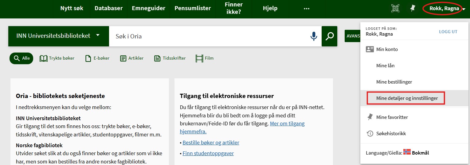 Skjermdump som viser Oria og hvor bruker er innlogget. Navnet i høyre hjørnet er markert, samt Mine detaljer og innstillinger