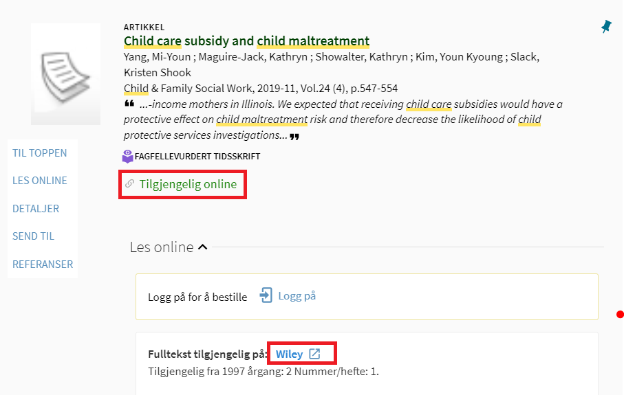 Skjermdump av en artikkel fra Oria hvor det er markert at artikkelen er Tilgjengelig online.