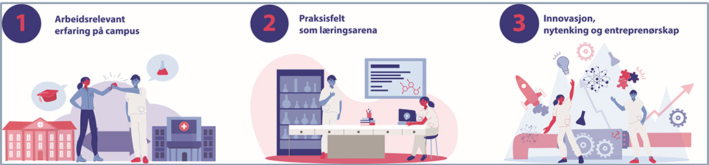 3 tegneserieruter som beskriver aarbeidsmåte på innovasjonscampen. Tegnet.