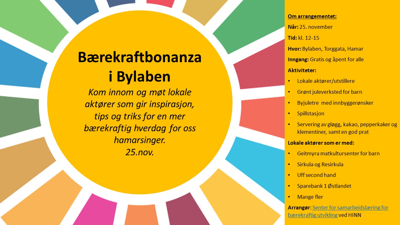 Invitasjonen til bærekraftbonanza som inneholder et hjul med fargene til bærekraftsmålene. 