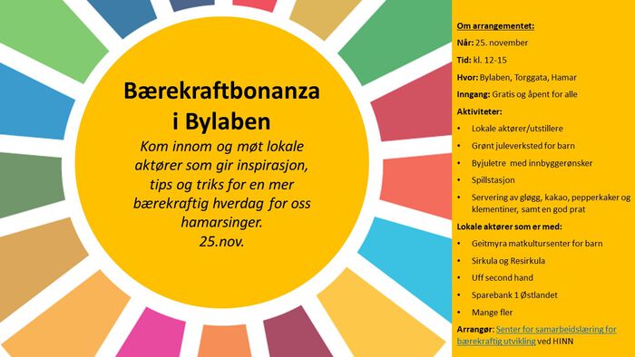 Invitasjonen til bærekraftbonanza som inneholder et hjul med fargene til bærekraftsmålene. 