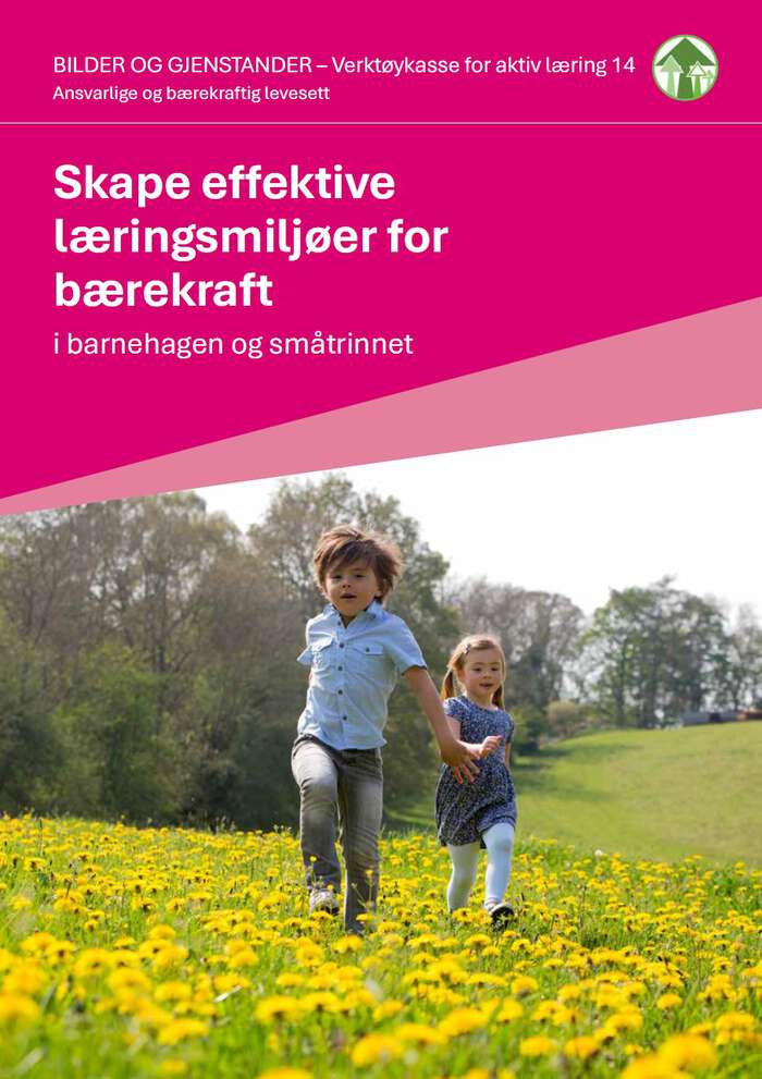 Omslaget av ressursen. Den er rosa med to barn, jente og gutt, som løper over et åker med gule blomster