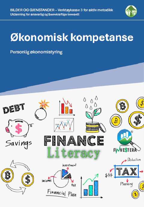 Viser ulike ikoner og ord som assosieres med økonomi, som en gris til sparing, valuta tegn, grafikker, osv