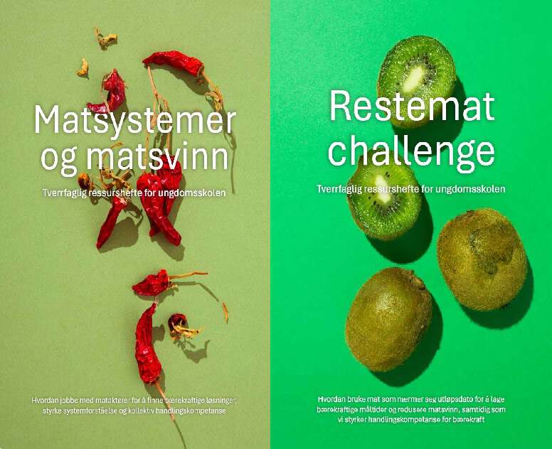 Forsidene av begge heftene. Til venstre Matsystemer, med grønn bakgrunn og viser chilies. Til høyere Restemat med grønn bakgrunn og to kiwi delt i to