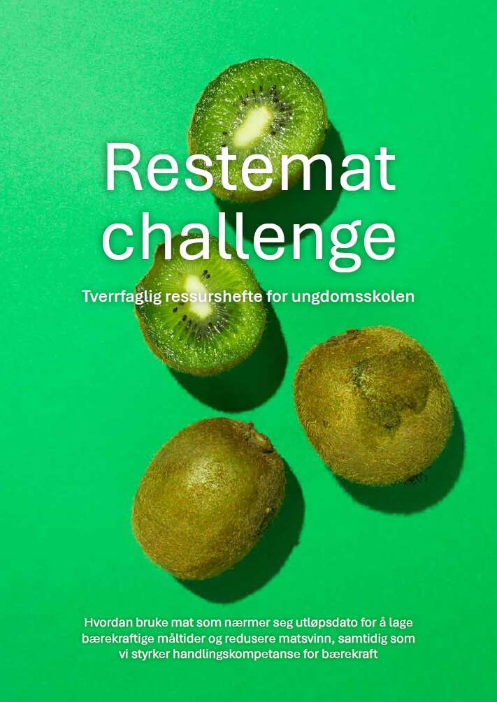 Forsiden av restemat challenge har grønn bakgrunn med to kiwies delt i to