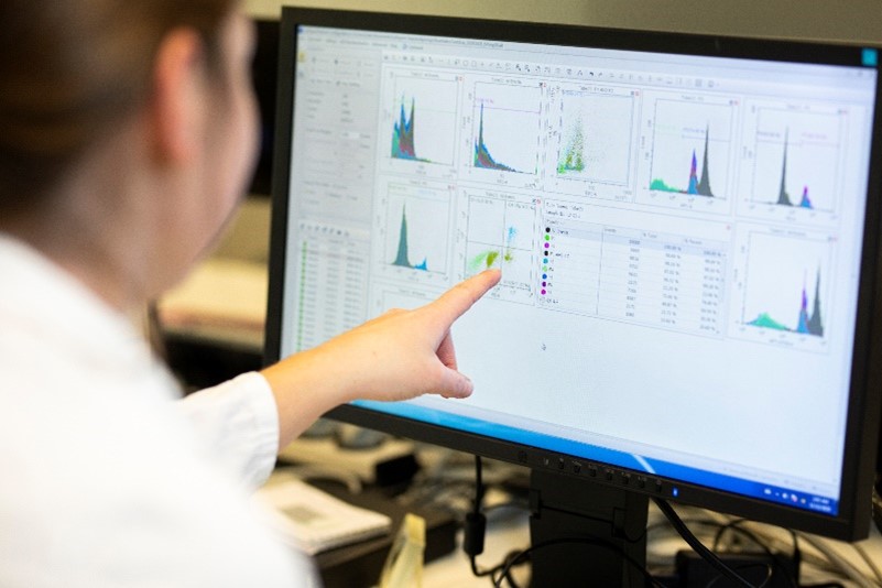 A woman points to the screen where you can see analysis results in different graphs.