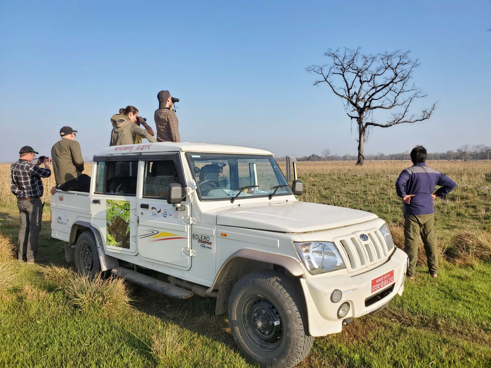 A truck is placed on a big field on a safari. Several students are looking for wildlife animals.