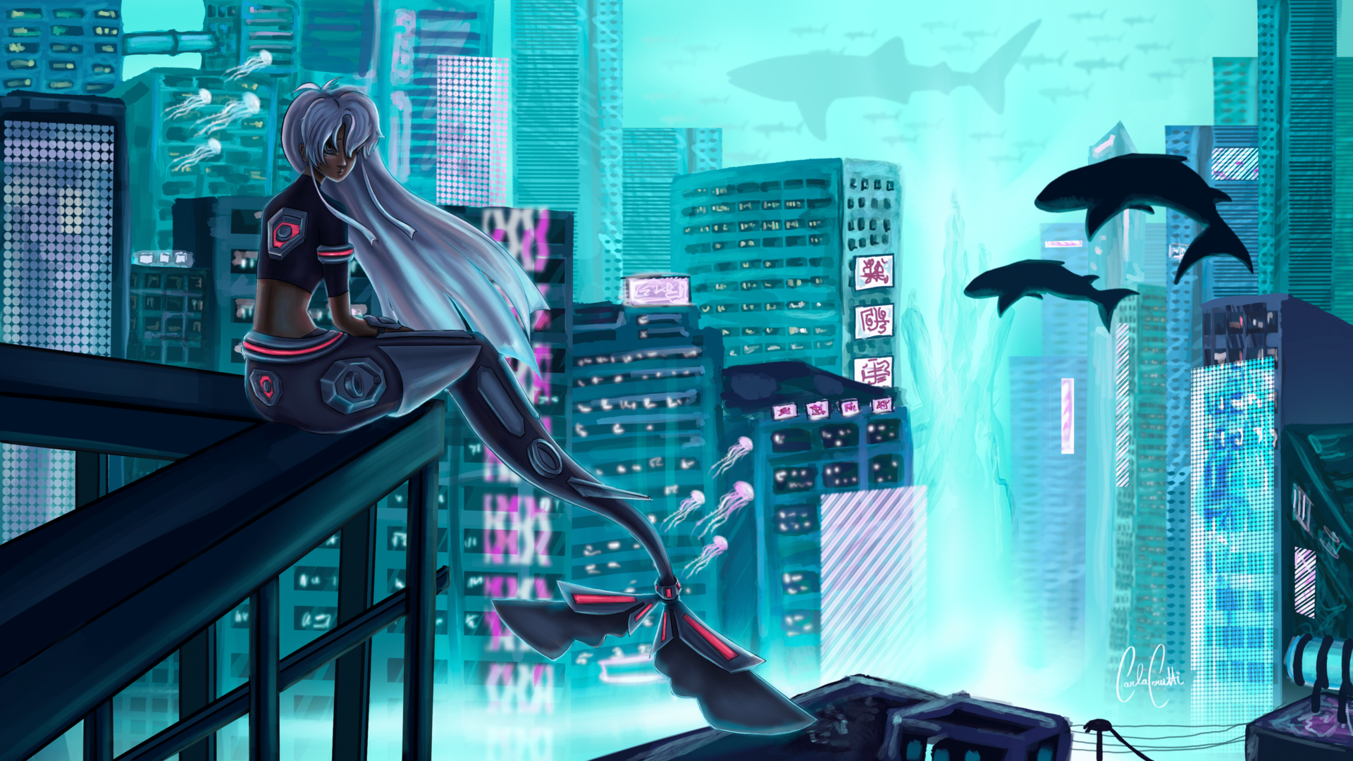 ​​​​Illustration of an underwater cityscape in turquoise with a mermaid sitting at the end of a balcony