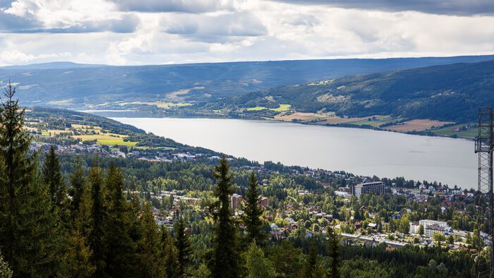 View over Lillehammer. We see a forest and a lake as well as city houses