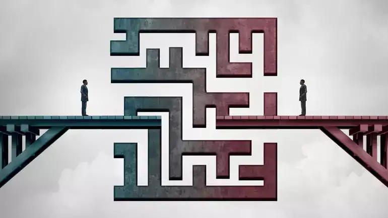 Illustration of a bridge with a gap and a person standing on either side. 