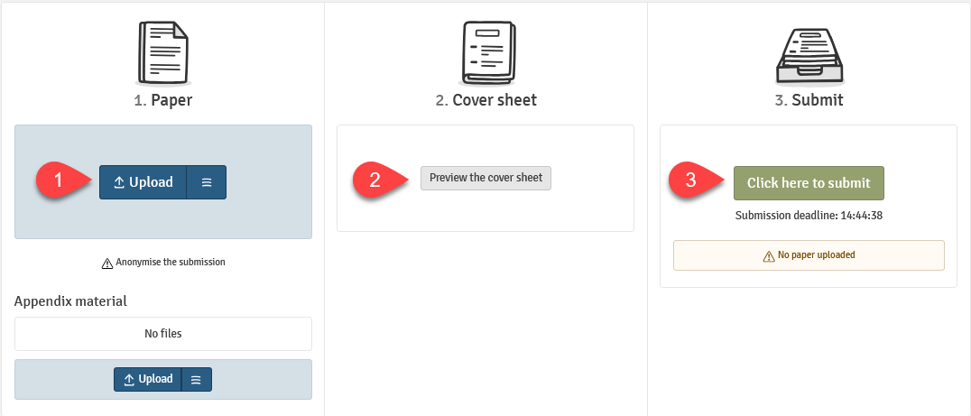 The screenshot shows three steps you must complete to submit a home exam: upload, fill in the cover sheet, and click Click here to submit.