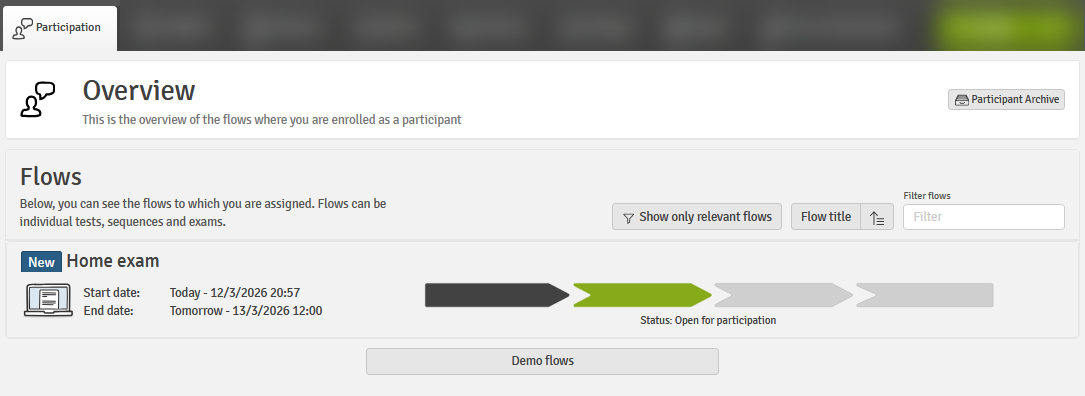 The screenshot shows where to find your active home exam. The green rectangle indicates fields you can click.