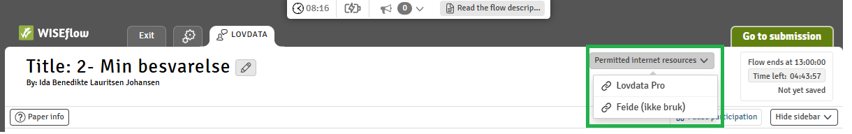 Screenshot of where participants can find Lovdata Pro under the Permitted Internet recourses