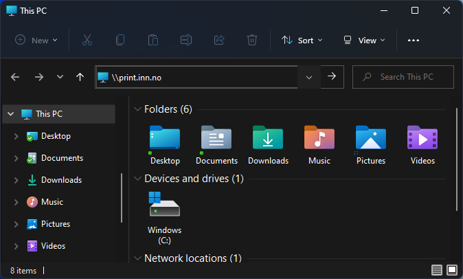 File Explorer with the printer address in the address bar