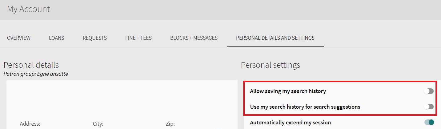 Screenshot from Oria showing settings and My details and settings. This is where you choose whether the search history should be saved and if you want search suggestions based on previous searches.