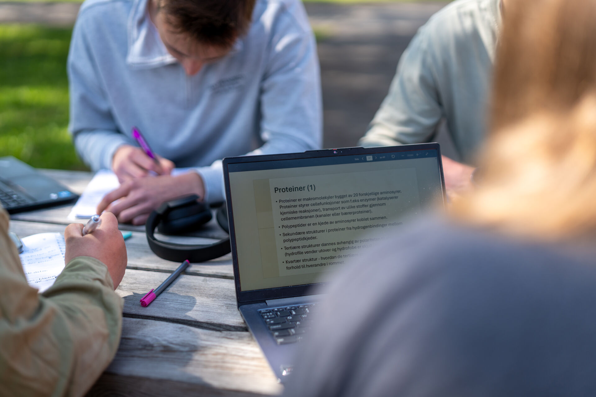 A group of students sitting around a table. Laptop at the table.