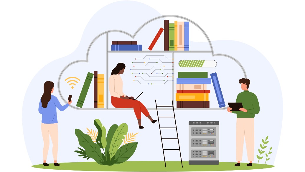 iny people learning with laptops inside cloud with circuit, students reading science books online...