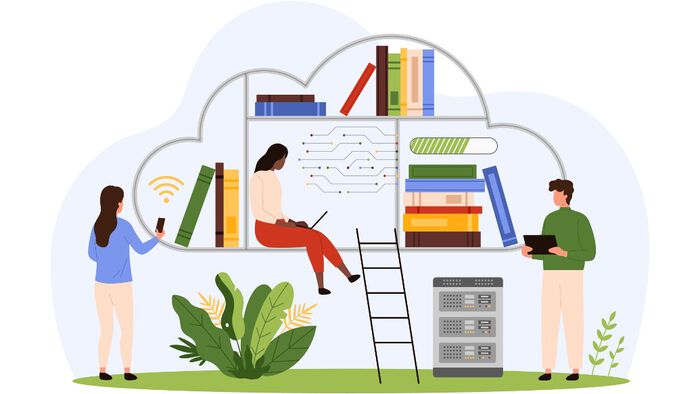 iny people learning with laptops inside cloud with circuit, students reading science books online...