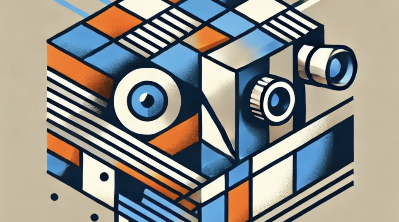 A graphic, cubist representation of a camera, created in AI