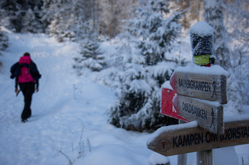 Exchange student hiking on a snow covered trail up a mountain behind the campus