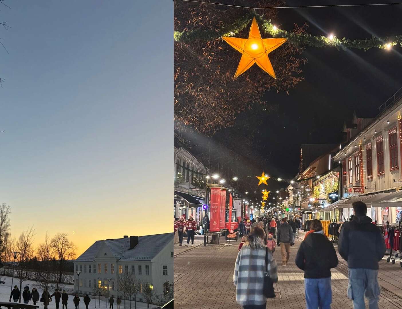 Joint image of sunset and christmas street