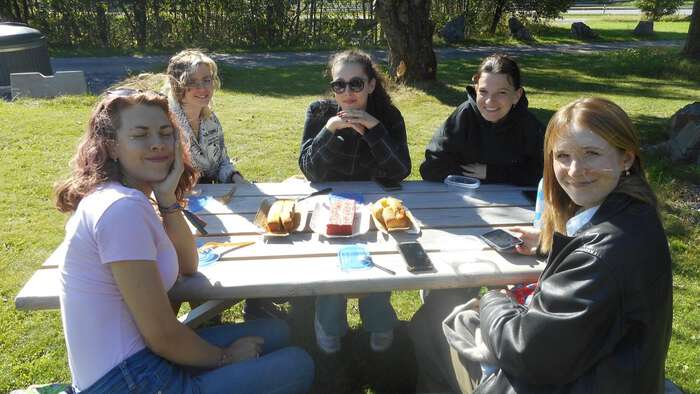 Five students are sitting by a table outside in the sun