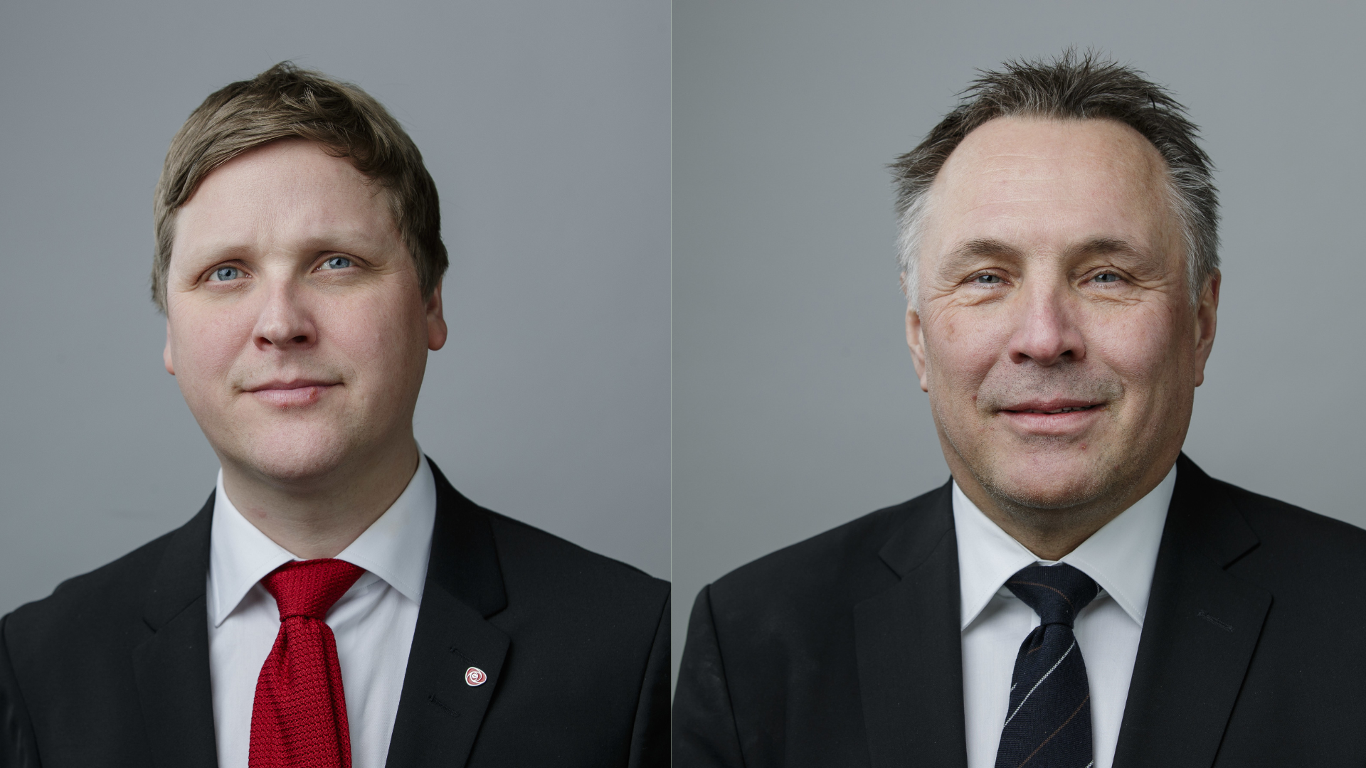 Portrettfoto av uviklingsminister Aukrust og forsvarsminister Sandvik