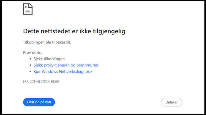 Utklipp fra en feilmelding på en nettside med teksten "Dette nettstedet er ikke tilgjengelig" og to knapper å trykke på for å laste på nytt eller få detaljer