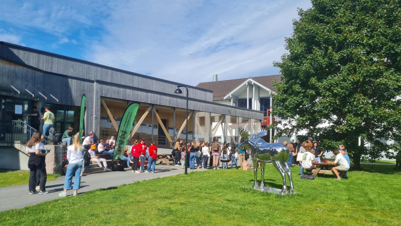 Utebilde fra Evenstad, blå himmel, grønt gress en sølvfarget elgstatue og studenter
