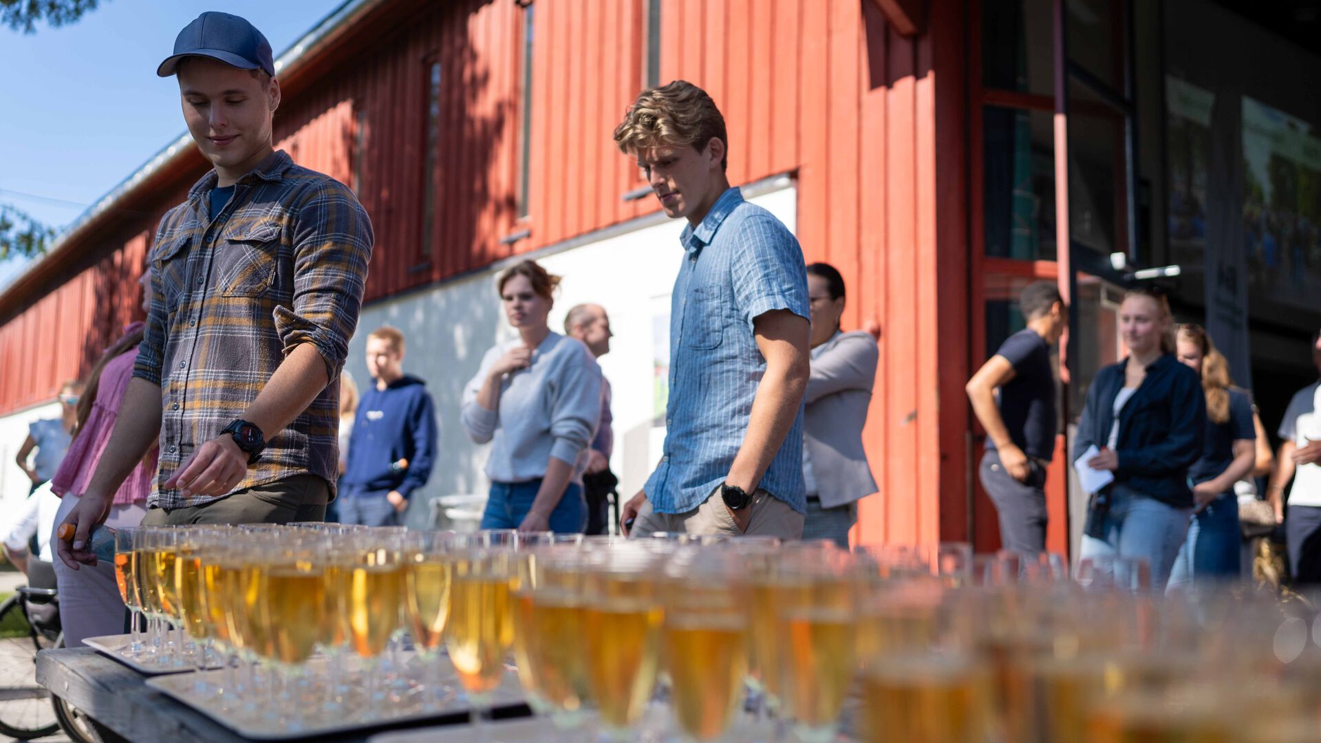 Studenter som forsyner seg fra et bord med mange glass med cider
