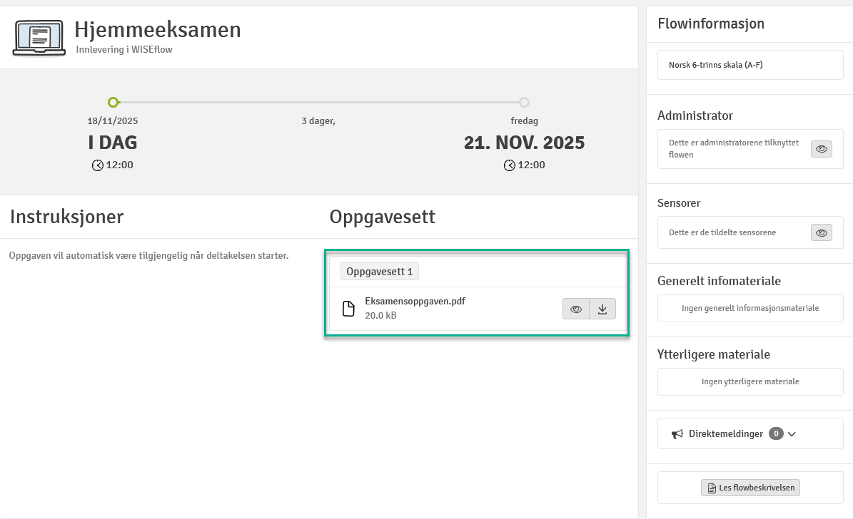 Skjermbildet viser en oversikt over informasjonen du får i en eksamen/flow. Du finner eksamensoppgaven under Oppgavesett, feltet er markert med grønn rektangel.